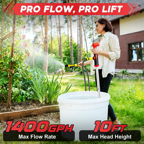 Top Tier Cordless Stick Water Transfer Pump For 18V Battery Moves Fluids With Zero Hassle Sleek Build, person using pump outdoors.