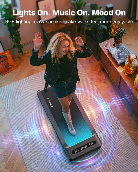 Heavy Duty Under Desk Walking Pad Treadmill With Auto Incline Smooth Glide Motor For Your Home Office Setup, featuring RGB lighting and speaker.