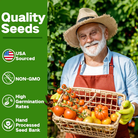 Man holding basket of tomatoes in garden beside 'Quality Seeds' text with USA sourced, non-GMO, high germination rates icons