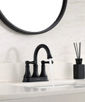 Matte Black Two Handle Centerset Bathroom Faucet With Three Hole Drain Assembly High Arc Four Inch Vanity Lavatory Tap Brass 360 Degree Swivel