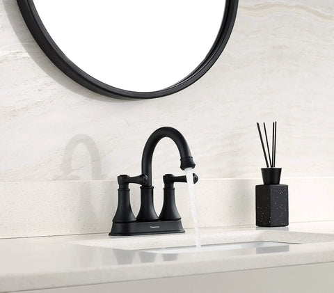 Matte Black Two Handle Centerset Bathroom Faucet With Three Hole Drain Assembly High Arc Four Inch Vanity Lavatory Tap Brass 360 Degree Swivel