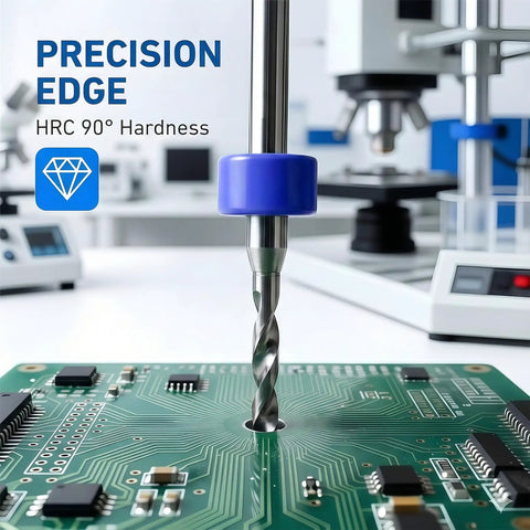 1.9Mm Micro Drill Bits Tungsten Carbide Set drilling a PCB board, 3.18mm shank, precise edge, used in electronics.