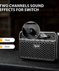 Close-up of Mini Guitar Amp 5W Portable Practice Amplifier with controls for clean and drive channels, Bluetooth, rechargeable.