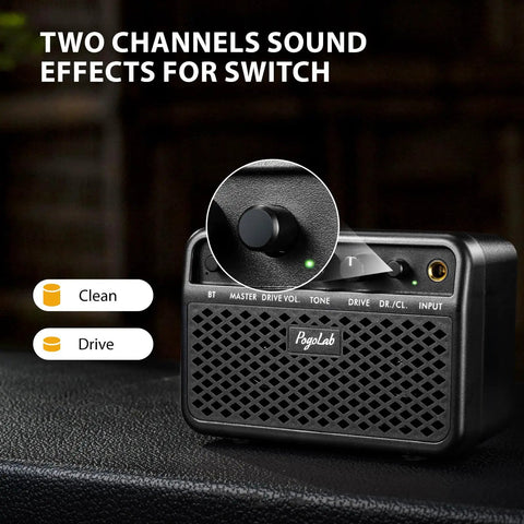Close-up of Mini Guitar Amp 5W Portable Practice Amplifier with controls for clean and drive channels, Bluetooth, rechargeable.