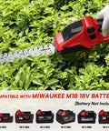 2-In-1 Cordless Hedge Trimmer And Grass Shears in use trimming hedges, showing compatibility with M18 18V batteries, no battery included.