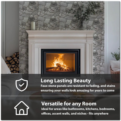 3D Faux Stone Wall Panels Grey Wild Boulder Pack of 10 Lightweight PVC Tiles around fireplace