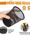 Person holding a black metal mesh cup from the Six Piece Slatwall Cup Set With Hooks For Garage, Workshop, And Office Storage.