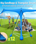 Big Family Beach Tent Sun Shelter 11x10 Ft With 12 Sandbags UPF 50 Plus Shade Canopy set up on grass with family underneath.