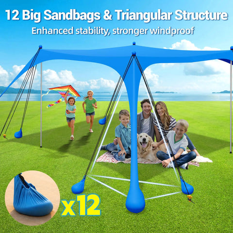 Big Family Beach Tent Sun Shelter 11x10 Ft With 12 Sandbags UPF 50 Plus Shade Canopy set up on grass with family underneath.