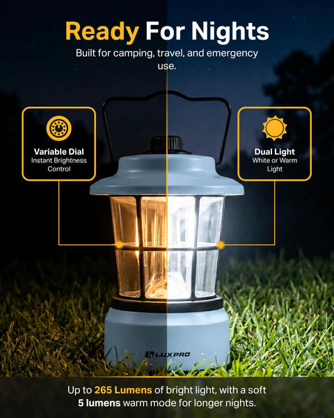 Retro LED Lantern For Outdoor Adventures And Emergencies with water resistant build, dual light mode, blue, on grass at night