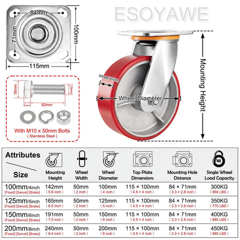 Heavy Duty Polyurethane Caster Wheels Set Of 4 With Locks Double Ball Bearing Swivel Casters dimensions and features diagram.