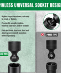 Three Eighths Inch Drive Pinless Universal Impact Extension Socket Set Built From Cr-Mo Steel For Maximum Torque And Flexible Reach In Tight Engine Bays, 360 Degree Rotation, 26 Degree Tilt, Durable Alloy Construction, pinless socket design