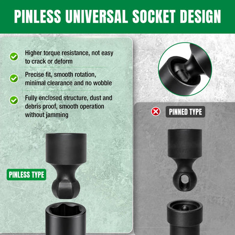 Three Eighths Inch Drive Pinless Universal Impact Extension Socket Set Built From Cr-Mo Steel For Maximum Torque And Flexible Reach In Tight Engine Bays, 360 Degree Rotation, 26 Degree Tilt, Durable Alloy Construction, pinless socket design