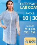 Disposable Lab Coats for Adults, Medium White, Pack of 10, Non Woven Polypropylene, Hook and Loop Closure, Elastic Wrists, No Pockets, Unisex Lab Coat Classroom Workplace Use.