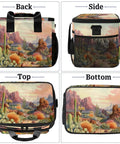Insulated Picnic Backpack Lunch Bag For Women And Men Premium Tote Style with desert landscape design, front and side views
