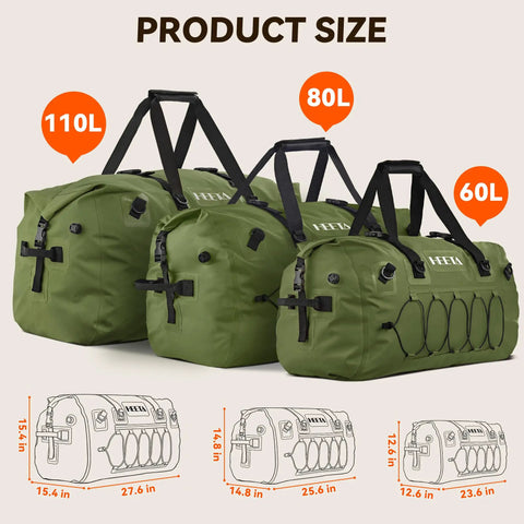 Green waterproof duffel bags in 60L, 80L, 110L sizes made of 500D PVC for kayaking and outdoor adventures, featuring rolltop design with straps.