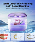 Ultrasonic Retainer Cleaner Machine For Dentures Aligners Braces And Mouth Guards with 45kHz power, showing deep cleaning.