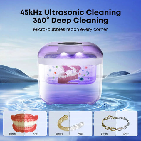 Ultrasonic Retainer Cleaner Machine For Dentures Aligners Braces And Mouth Guards with 45kHz power, showing deep cleaning.