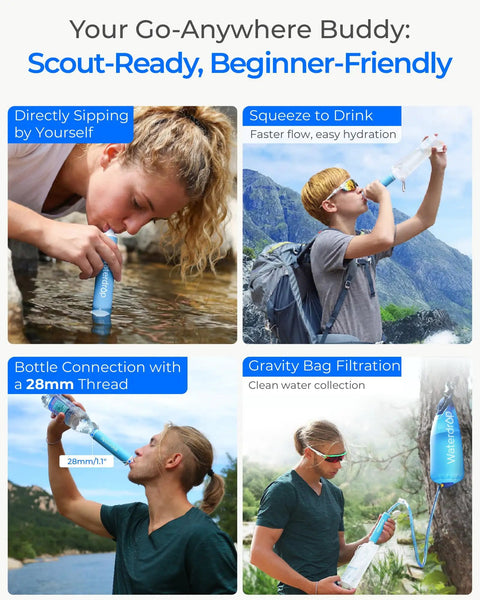 Gravity Water Filter Straw For Camping And Backpacking, 5 Stage Filtration With 0.1 Micron Membrane, in various uses