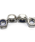 Heavy Duty M3 X 0.5mm Nylon Insert Hex Lock Nuts Forged From Grade 18 8 Stainless Steel With Snag Free Self Locking Action For Tough Shop Tasks And Reliable Hardware Projects arranged on a white background.