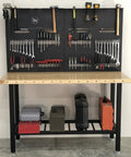 Heavy Duty Workbench With Attachable Tool Organizer, Adjustable And Durable, Built For Garage Or Workshop, Natural Wood Top Paired With Black Steel Frame, Easy Access Storage, Perfect For DIY Projects And Tinkering