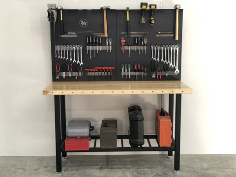 Heavy Duty Workbench With Attachable Tool Organizer, Adjustable And Durable, Built For Garage Or Workshop, Natural Wood Top Paired With Black Steel Frame, Easy Access Storage, Perfect For DIY Projects And Tinkering