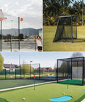 10x10 Practice Net Heavy Duty Nylon Hitting Net For Garage And Backyard in outdoor settings with green lawns and sports courts