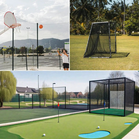 10x10 Practice Net Heavy Duty Nylon Hitting Net For Garage And Backyard in outdoor settings with green lawns and sports courts
