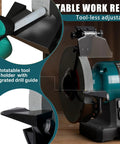 Built Tough 6 Inch Variable Speed Bench Grinder With Brushless Motor Grinding Wheel Dresser Led Work Light Cast Iron Base showing adjustable tool holder.