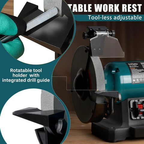Built Tough 6 Inch Variable Speed Bench Grinder With Brushless Motor Grinding Wheel Dresser Led Work Light Cast Iron Base showing adjustable tool holder.