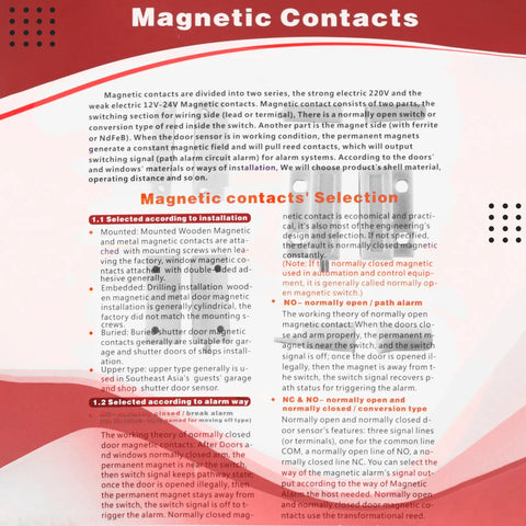 Informative guide on magnetic contacts, detailing installation and selection tips with a red and white graphic background.