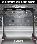 Beefy 3 Ton Gantry Crane With Adjustable 8.53 To 12.47 Ft Height 6600 Lbs Capacity Manual Trolley Hook And Shackles Ideal For Warehouse Shop Auto Repair And Construction Sites shown in a warehouse with dimensions labeled.