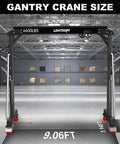 Beefy 3 Ton Gantry Crane 6600 Lb Portable Shop Hoist dimensions 9.06ft wide, height adjustable 8.53-12.47ft, black steel construction.