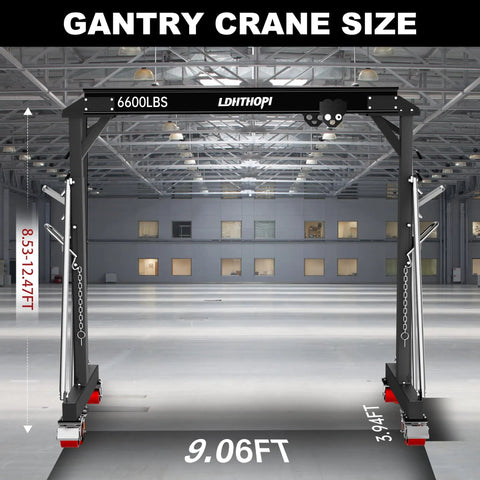 Beefy 3 Ton Gantry Crane 6600 Lb Portable Shop Hoist dimensions 9.06ft wide, height adjustable 8.53-12.47ft, black steel construction.