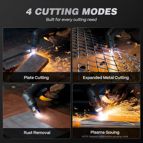 60Amp Non HF Plasma Cutter Dual Voltage 110V 220V with LED display in 4 cutting modes: plate, expanded metal, rust removal, gouging.