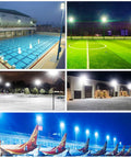 Various outdoor venues illuminated by Two Pack 50W LED Flood Lights Outdoor With Motion Sensor And Plug IP65 Waterproof Security Floodlights Deliver 7000 Lumens Of Daylight White 6500K Easy Install For Garden Patio And Backyard at night.