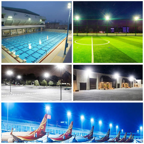 Various outdoor venues illuminated by Two Pack 50W LED Flood Lights Outdoor With Motion Sensor And Plug IP65 Waterproof Security Floodlights Deliver 7000 Lumens Of Daylight White 6500K Easy Install For Garden Patio And Backyard at night.