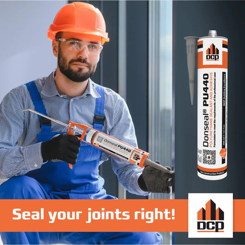 Man using PU440 Polyurethane Concrete Sealant 1 Pack Non Sag Caulk For Joints Walls Sidewalks Foundations Moisture 10.1 Fl Oz