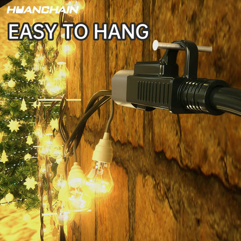 Indoor Outdoor Waterproof Extension Cord 15 Feet 16 Gauge SJTW 3 Prong Flexible Cold Weather Resistant Appliance Cable ETL Listed Tough As Nails For Outdoor Use plugged into wall with hanging lights