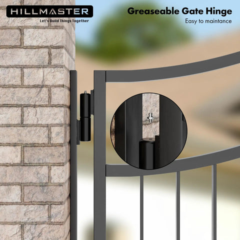 Seven Inch Heavy Barrel Gate Hinges Built Tough As Nails Rock Solid Steel Construction Supports 900 Pounds Weld On Matte Black Finish Perfect For Fence Gates And Driveway Ramps Two Pack greaseable gate hinge mounted on a fence.