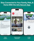 Arlo Secure App interface showing event caption, customizable dashboard, and 2-way audio on three smartphone screens.