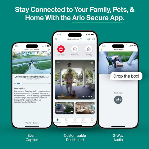 Arlo Secure app interface on phones showcasing Pan Tilt 2K Outdoor Security Camera With Plug In Power Real Time Alerts.