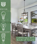 Dining room with Hayden 25 Inch 4 Light Modern Farmhouse Drum Pendant Light and bulb compatibility details.
