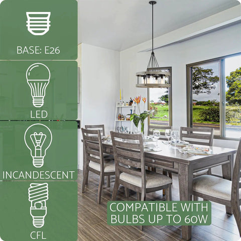 Dining room with Hayden 25 Inch 4 Light Modern Farmhouse Drum Pendant Light and bulb compatibility details.