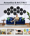 Cut Through Echo Chaos With Heavy Duty Self Adhesive Acoustic Panels Ultra High Density Polyester Sound Absorbing Foam Hexagon Wall Tiles Snaps Right Up To Tighten Room Sound Block Reverb And Level Up Any Space Quick Black Large hexagon panels on wall above a sofa.
