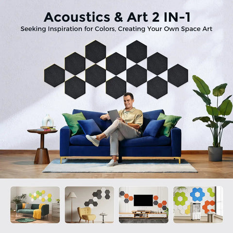 Cut Through Echo Chaos With Heavy Duty Self Adhesive Acoustic Panels Ultra High Density Polyester Sound Absorbing Foam Hexagon Wall Tiles Snaps Right Up To Tighten Room Sound Block Reverb And Level Up Any Space Quick Black Large hexagon panels on wall above a sofa.