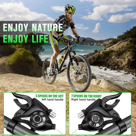 Cyclist on trail with 3x7 21 Speed Bike Shifter And Brake Lever Set for Mountain Road BMX MTB Bicycle with aluminum alloy build