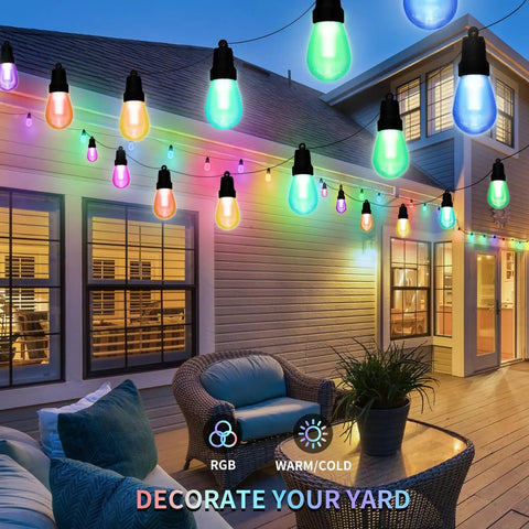 Outdoor String Lights 50 Feet For Patio With 20 Dimmable RGBW LED Bulbs IP66 Waterproof And Shatterproof App Control And Remote