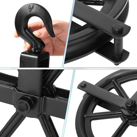 Aunocy 12 Inch Heavy Duty Scaffolding Pulley Hoist With Precision Ball Bearings For Quiet Lifting 1000 Lb Capacity Cable Rope System close-up of hook and wheel details.