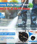 Pressure Washer Hose Reel With 50 Ft Three Eighths Inch Wire Braided Hose For Hot And Cold Water Auto Retractable Heavy Duty Reel 4000 PSI Black Ideal For Home DIY Garage Or Shop Use shown in action, spraying water.